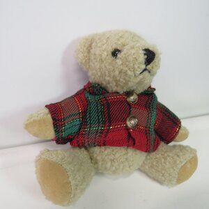 Mini Teddy Bear w Plaid Jacket 6" long JOINTED legs Tan Christmas Colors